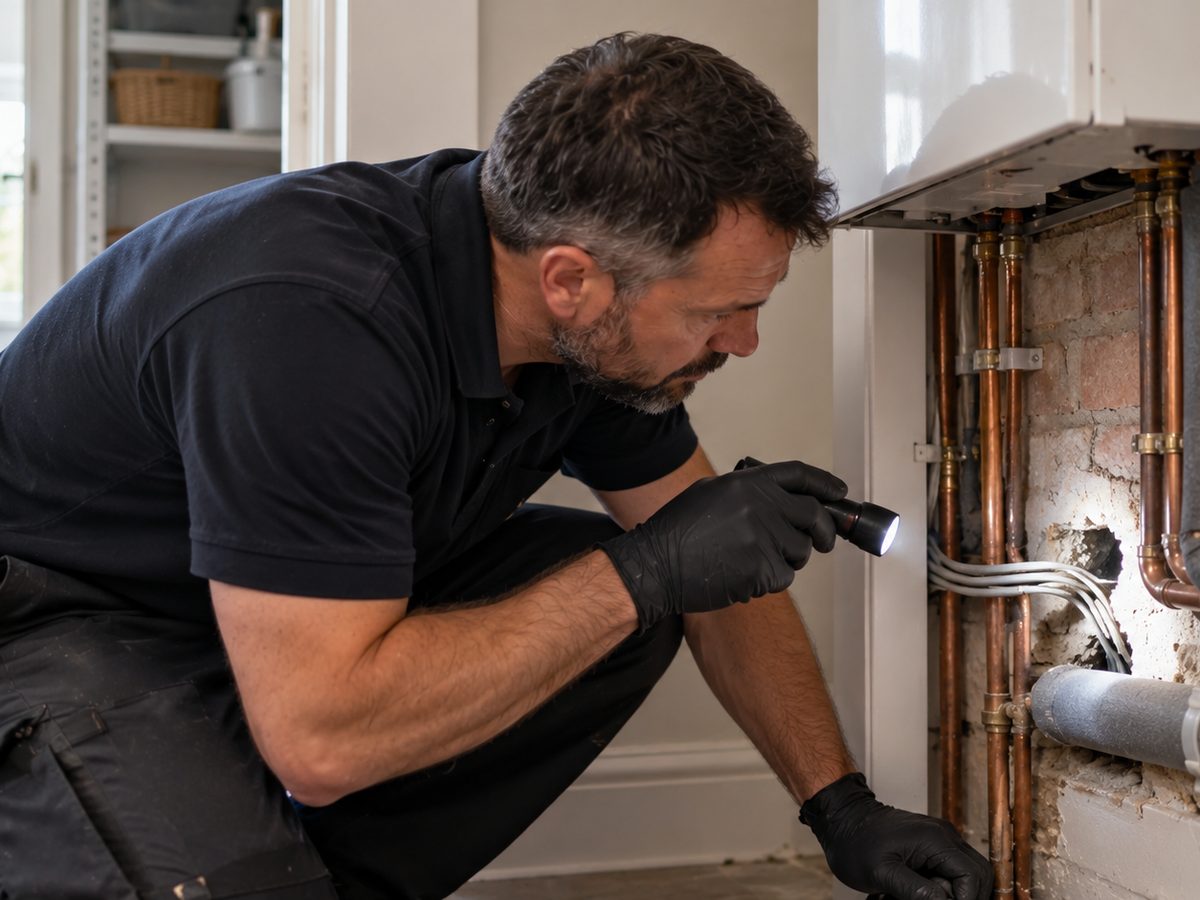 Technician inspecting pipework below a boiler for gaps and entry points