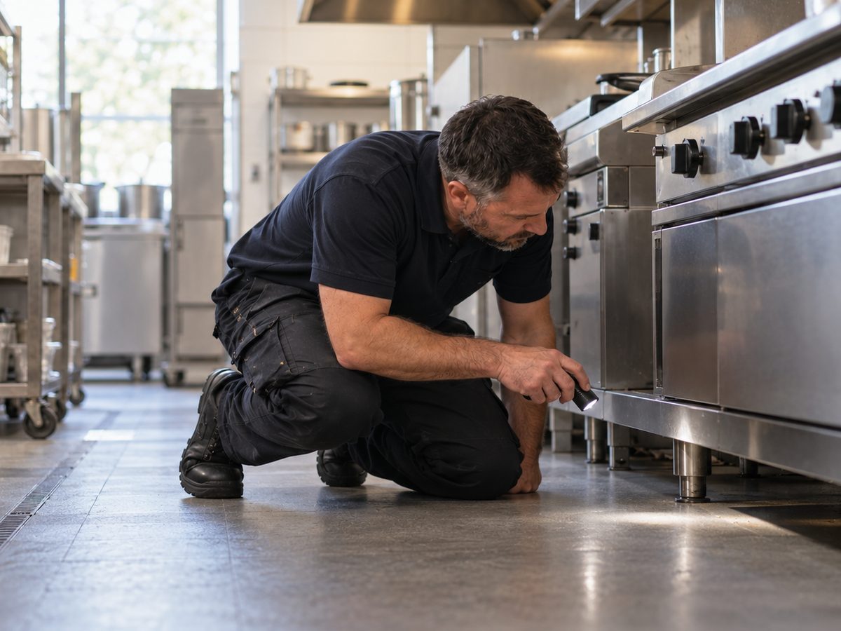 Technician inspecting beneath cooking equipment in a commercial kitchen