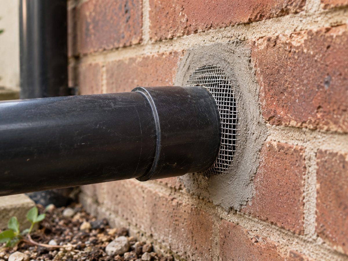 Wall vent around a pipe proofed with metal mesh against rodents